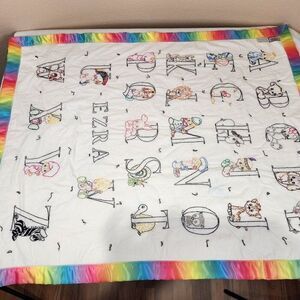 Vintage 80s Precious Moments Alphabet Blanket Rainbow Embroidered Crib Throw